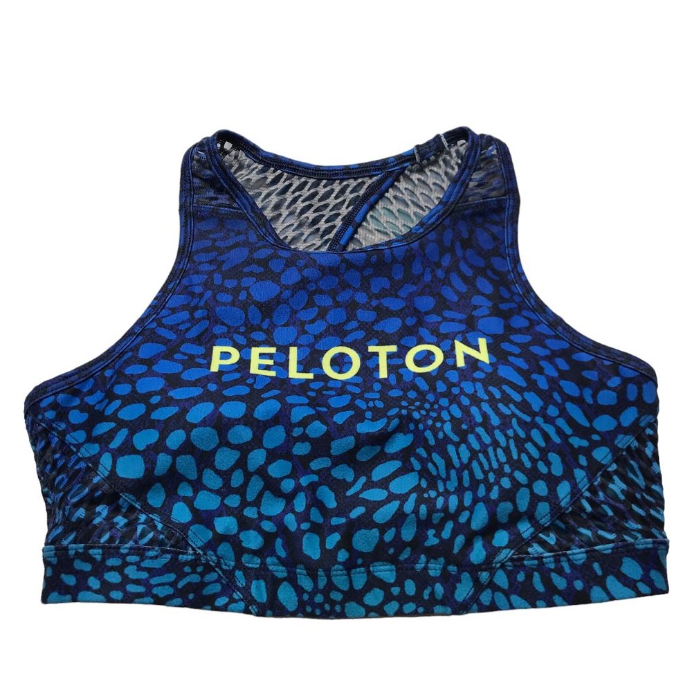 PELOTON Blue Black Sports Bra Crop Top Size Women's Small.  High Neck WITH Brand